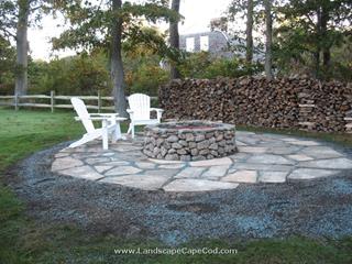 Round Fieldstove Fire Pit with irregular blue stone patio